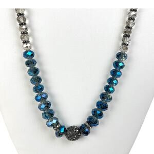 Loft Necklace Blue Gray AB Crystal Beads Long Gunmetal Chain Sparkle Elegant 34"